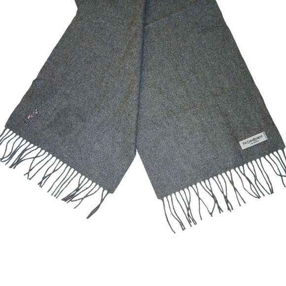 Yves Saint Laurent YSL Gray Blue Embroidered Wool Fringed Scarf Pre-Own… - Picture 4 of 8